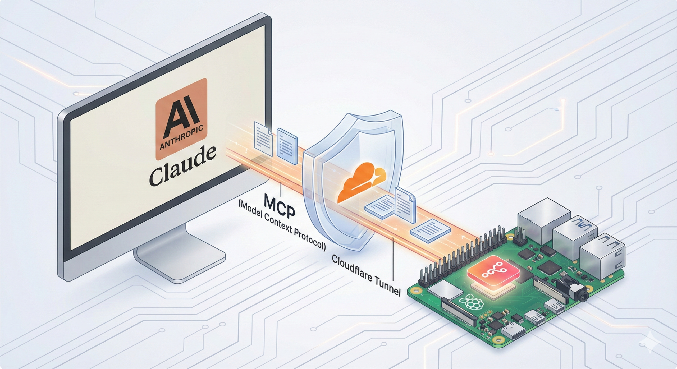 Illustration robot Claude connectant un tunnel banane vers un Raspberry Pi