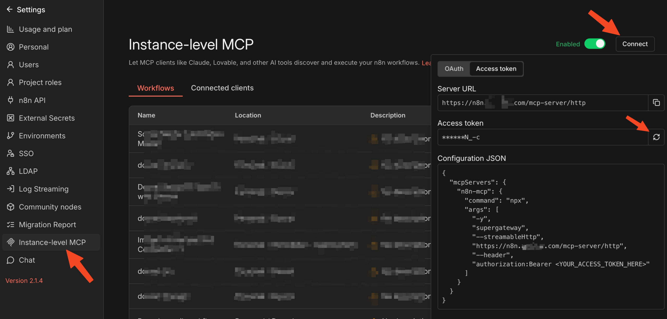 screenshot n8n instance MCP pour paramétrage Claude sur Mac et Raspberry Pi